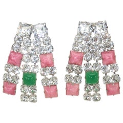 Rhinestone Dangle Earrings With Pink & Green Cabochons, C.1980