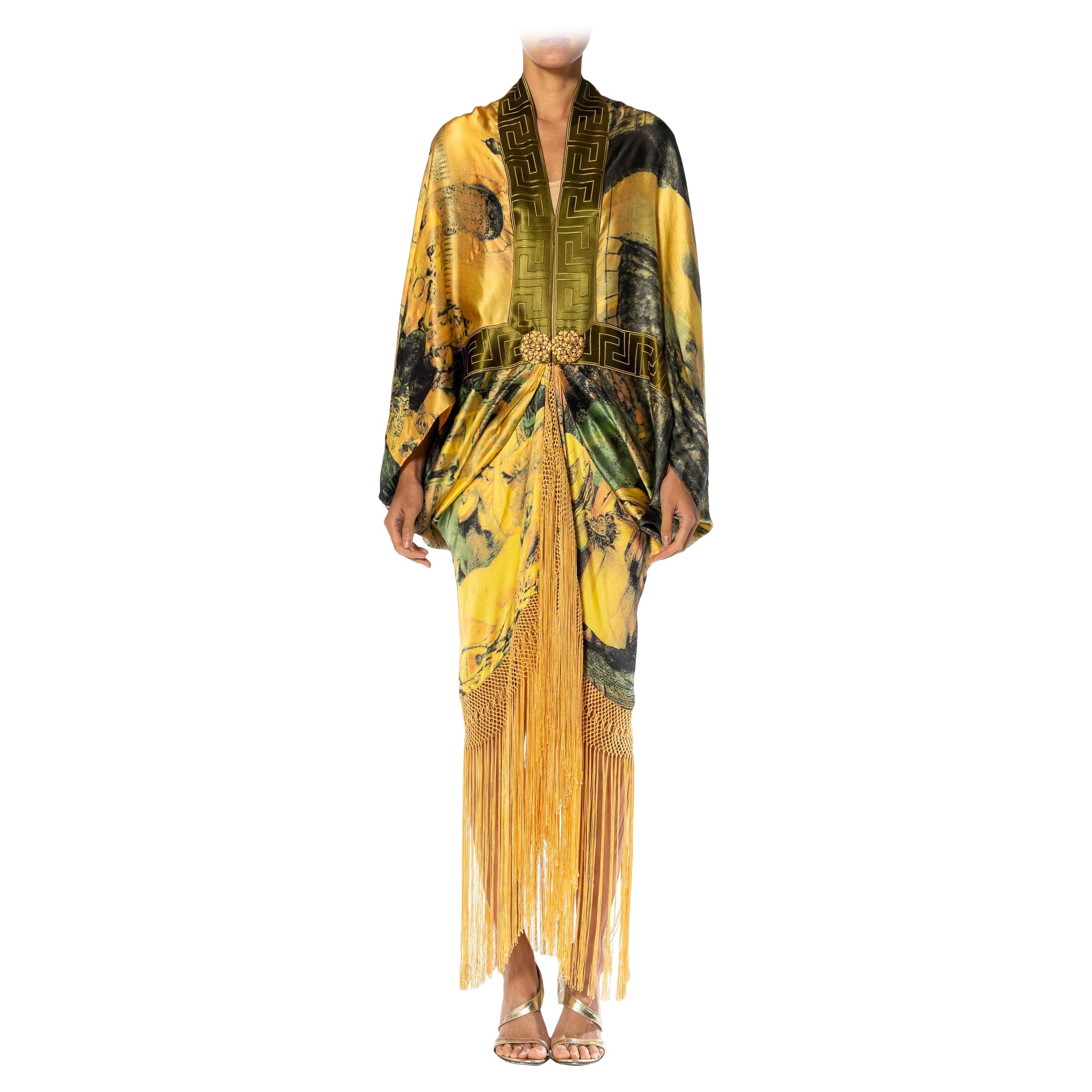 MORPHEW ATELIER Goldgreen & Yellow Silk Charmeuse Cocoon Antique Fringe And Cla For Sale