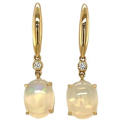Oval Ethiopian Opal and Diamond Dangling Hoop Earrings in 14KY Gold