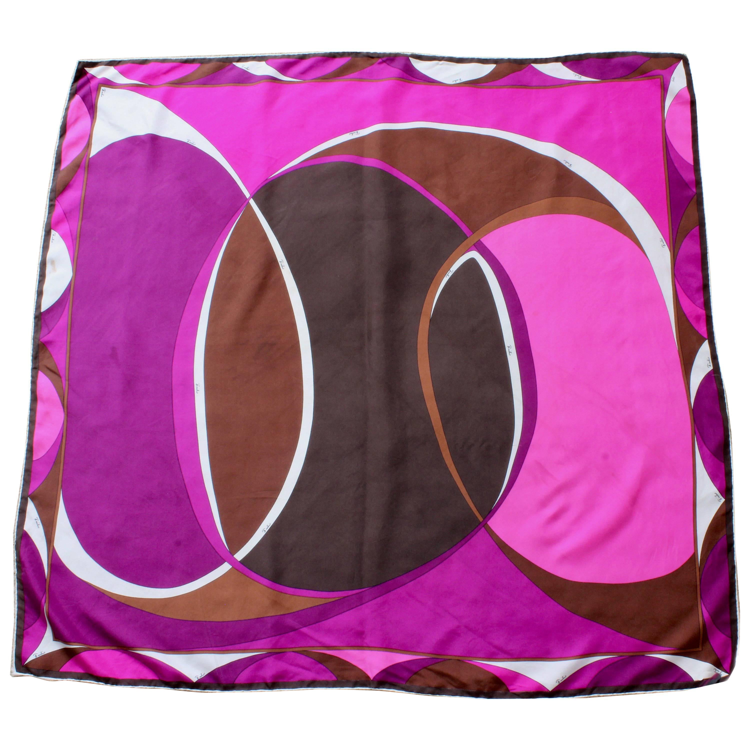 Emilio Pucci Abstract Print Scarf Shawl Silk Twill 35in Purple Brown Pink White For Sale