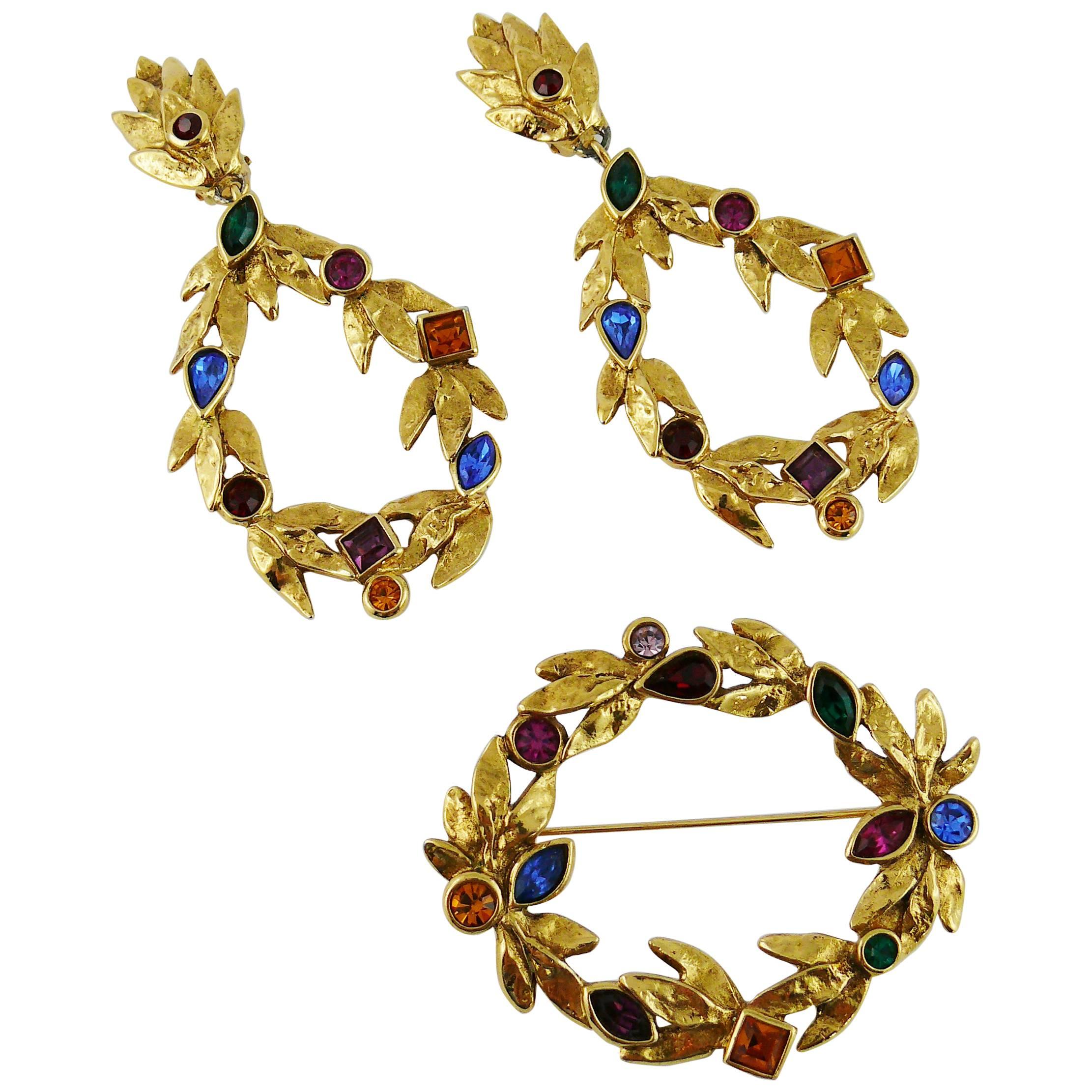 Yves Saint Laurent Vintage Bejeweled Laurel Wreath Earrings and Brooch Set