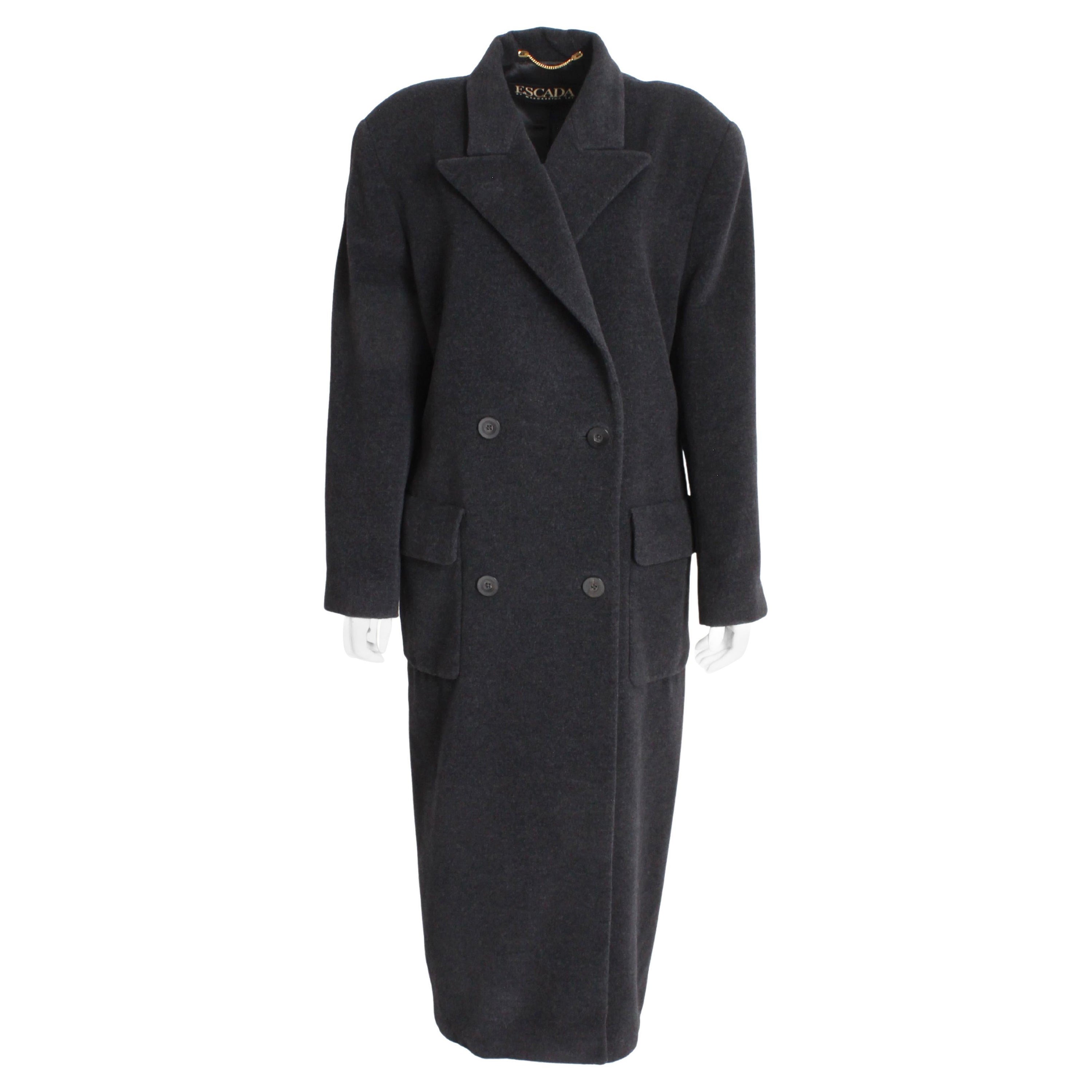 Escada Coat Double Breasted Charcoal Gray Pure New Wool Trench Style Vintage M/L For Sale