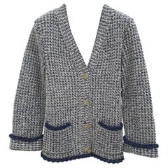 Chanel Navy Blue Beige Cotton Blend Lurex Knit Cardigan