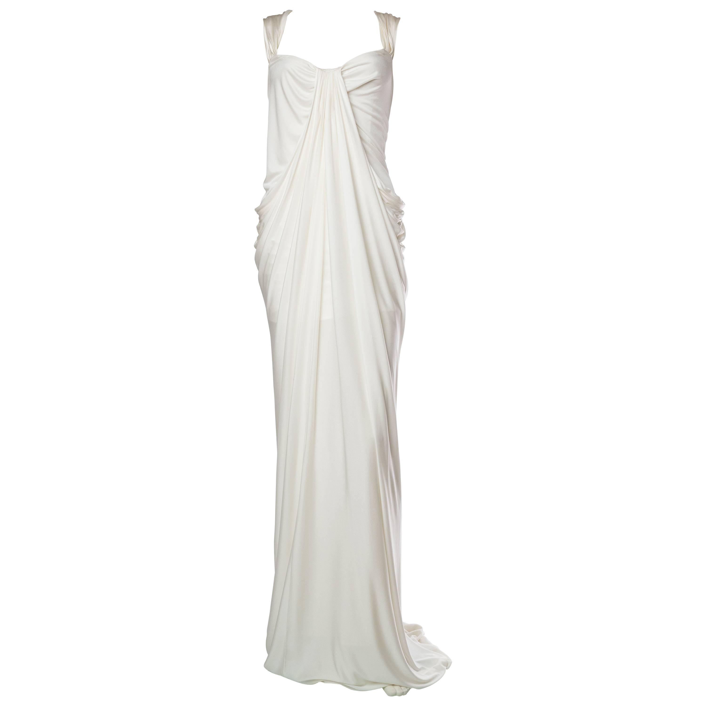 1900S DONNA KARAN Off White Rayon & Silk Jersey Draped Goddess Gown