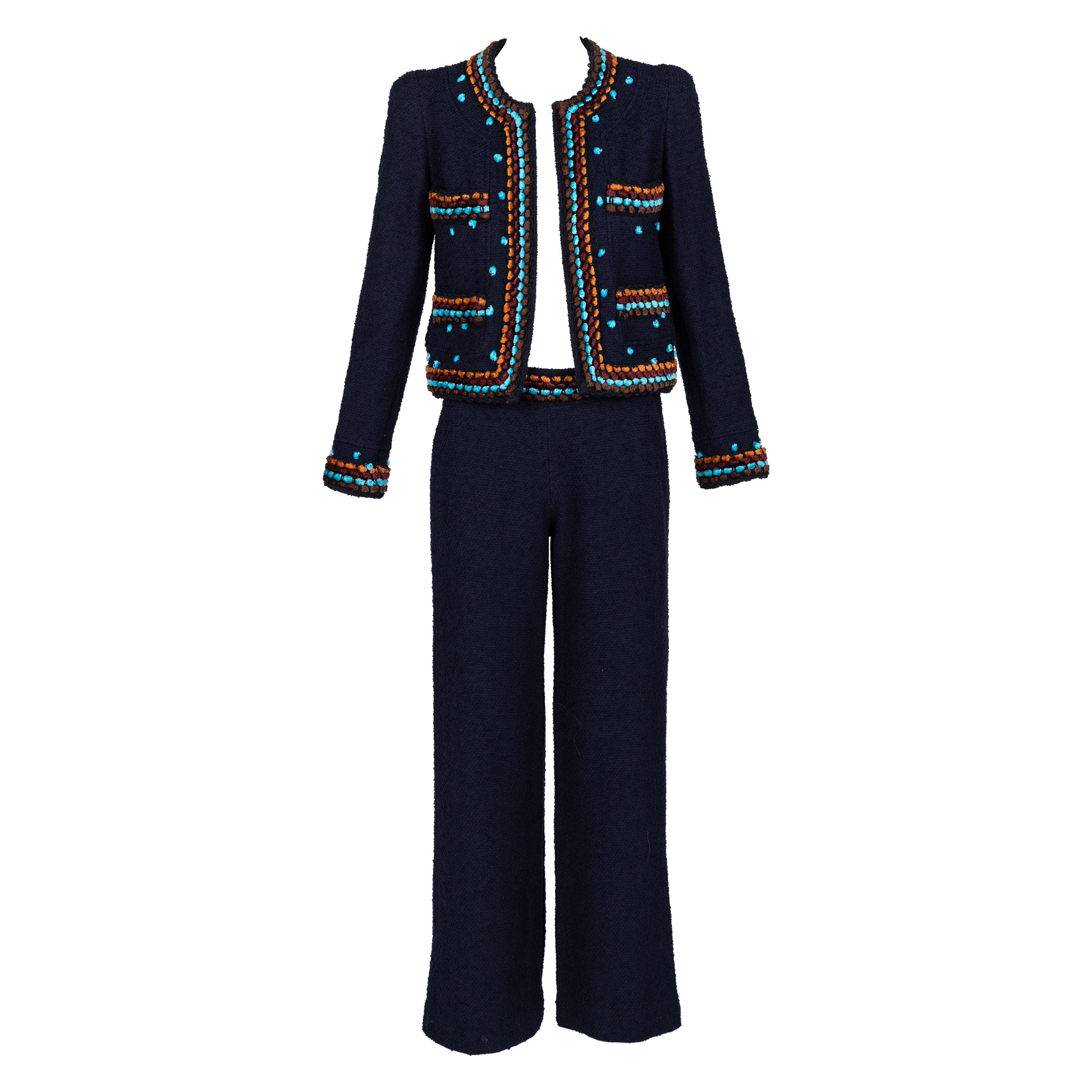 Chanel F/W 1997 Navy Boucle Cropped Jacket Pants Suit  For Sale