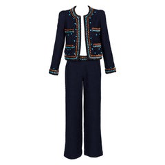 Retro Chanel F/W 1997 Navy Boucle Cropped Jacket Pants Suit 