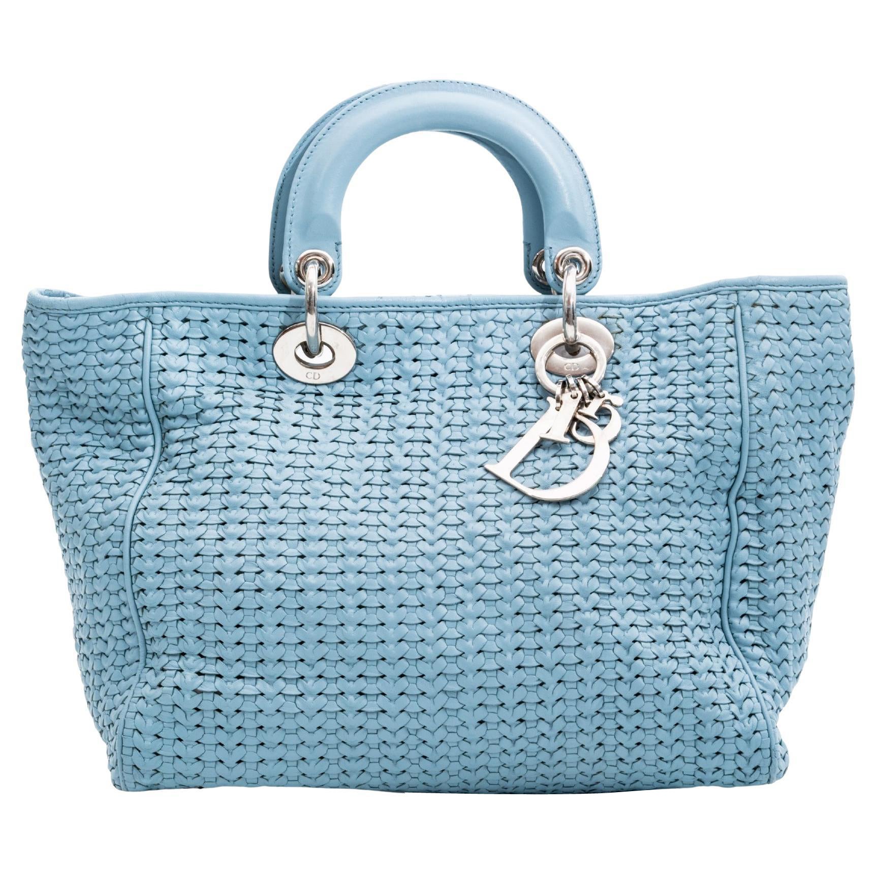 Petit sac cabas Lady Dior vintage bleu pastel en vente