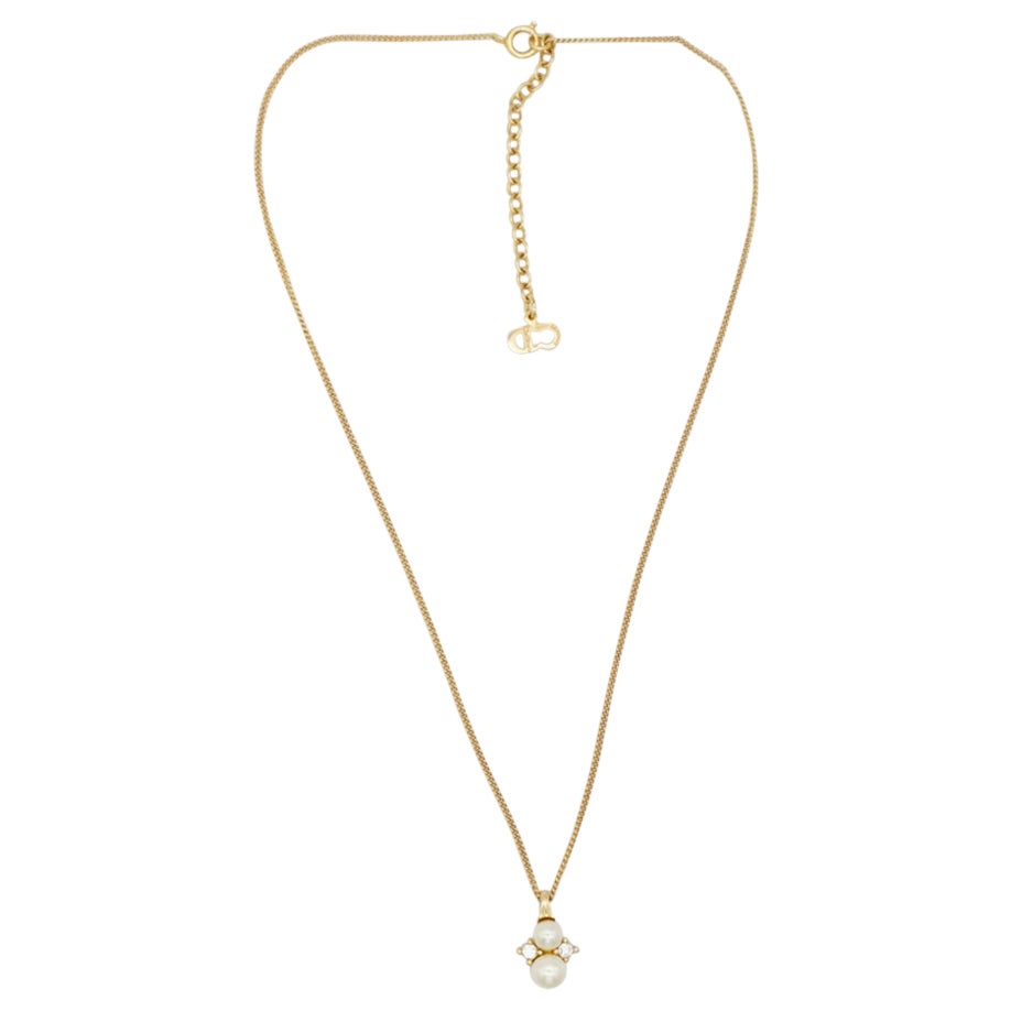 Christian Dior Vintage 1980er Jahre Elegante Halskette mit doppelten Perlen und Kristallen in Gold  (Art déco) im Angebot