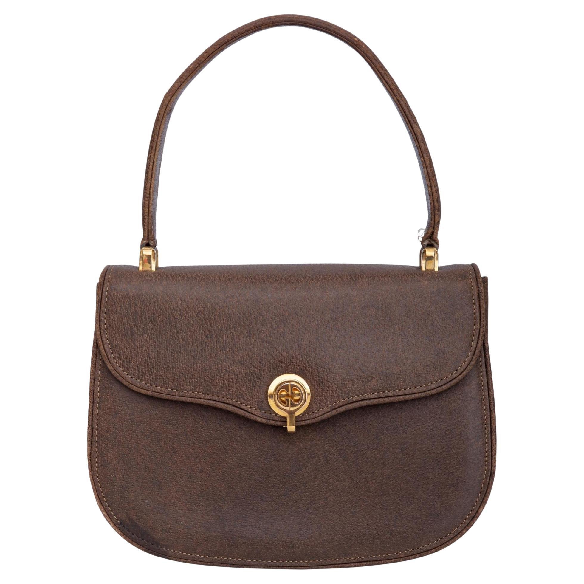 Gucci Vintage Brown Leather Gg Flip Lock Handbag (Circa 1955) Rare For Sale