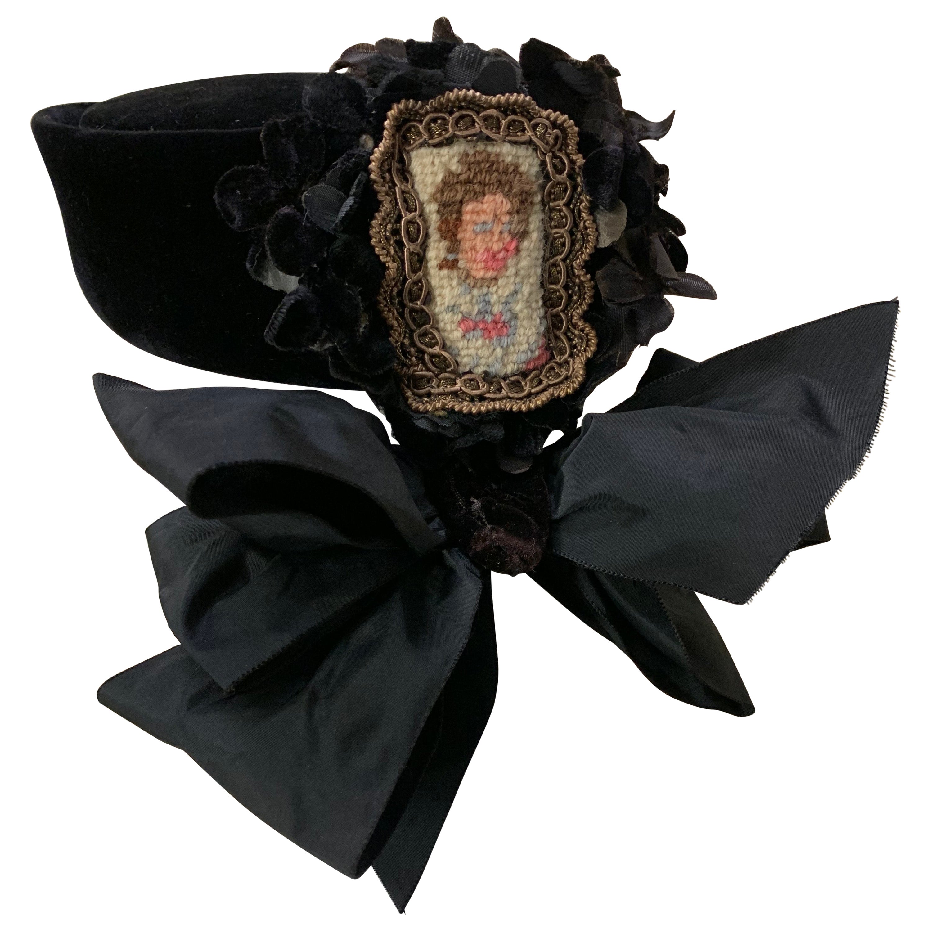 1940s Irina Roublon Couture Avant Garde Velvet Hat w Needlepoint Portrait  For Sale