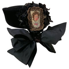 1940s Irina Roublon Couture Avant Garde Velvet Hat w Needlepoint Portrait 