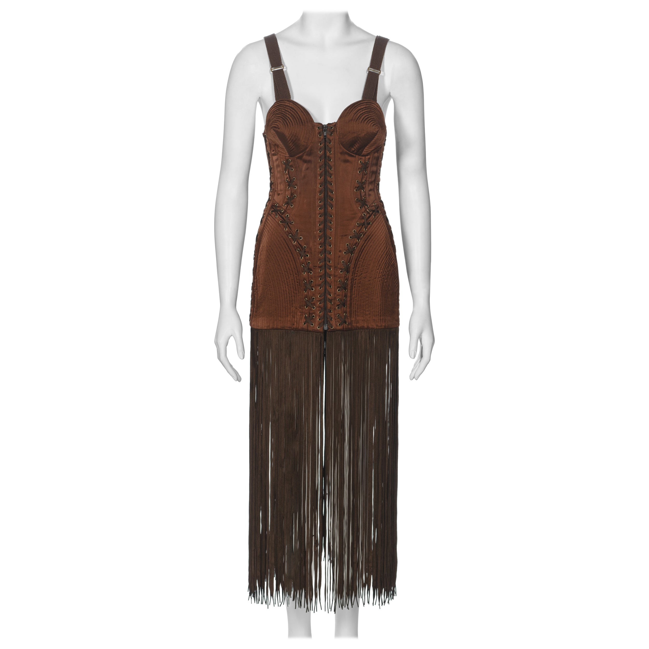 Jean Paul Gaultier Brown Corset Dress with Cone Bra and Fringed Hem, fw 1990 For Sale
