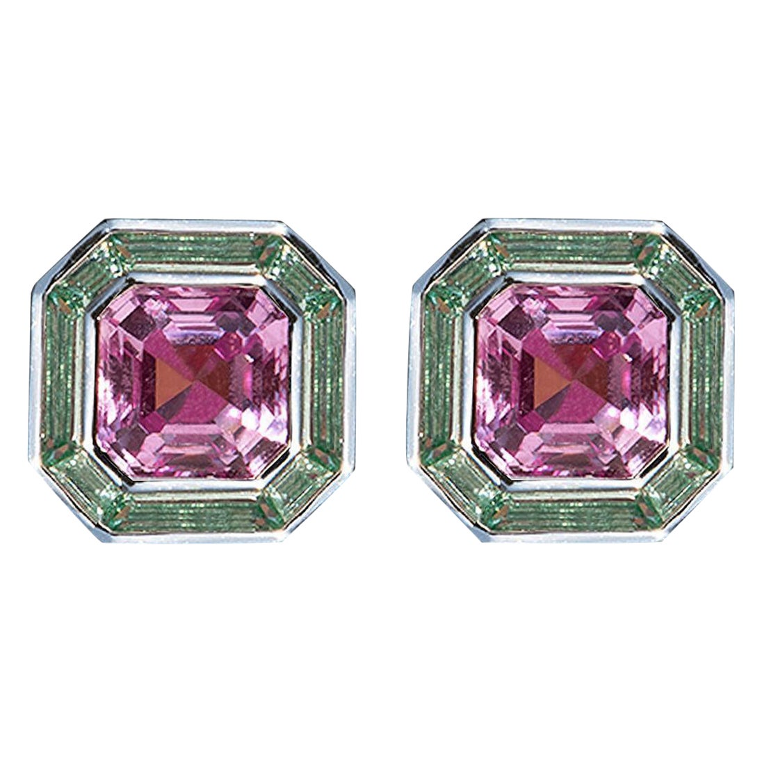 Luminous Asscher Stud Earrings, Pink & Green Sapphire, Silver, 5.40ct For Sale