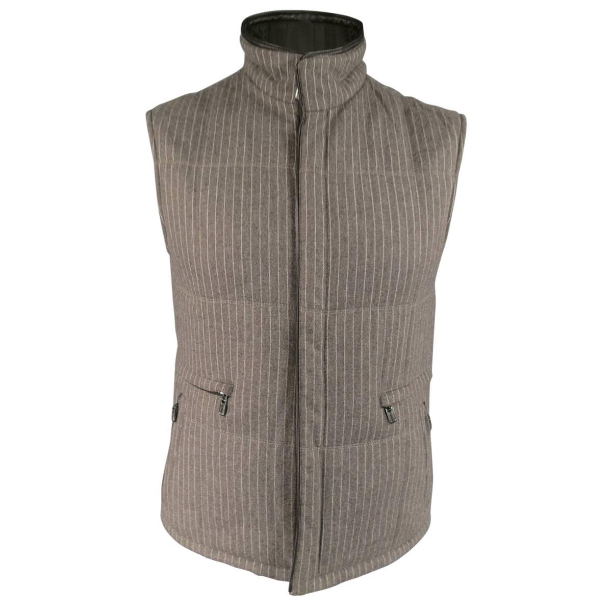 Men's NWT ERMENEGILDO ZEGNA 38 Taupe Pinstripe Leather Trimmed Reversible Vest