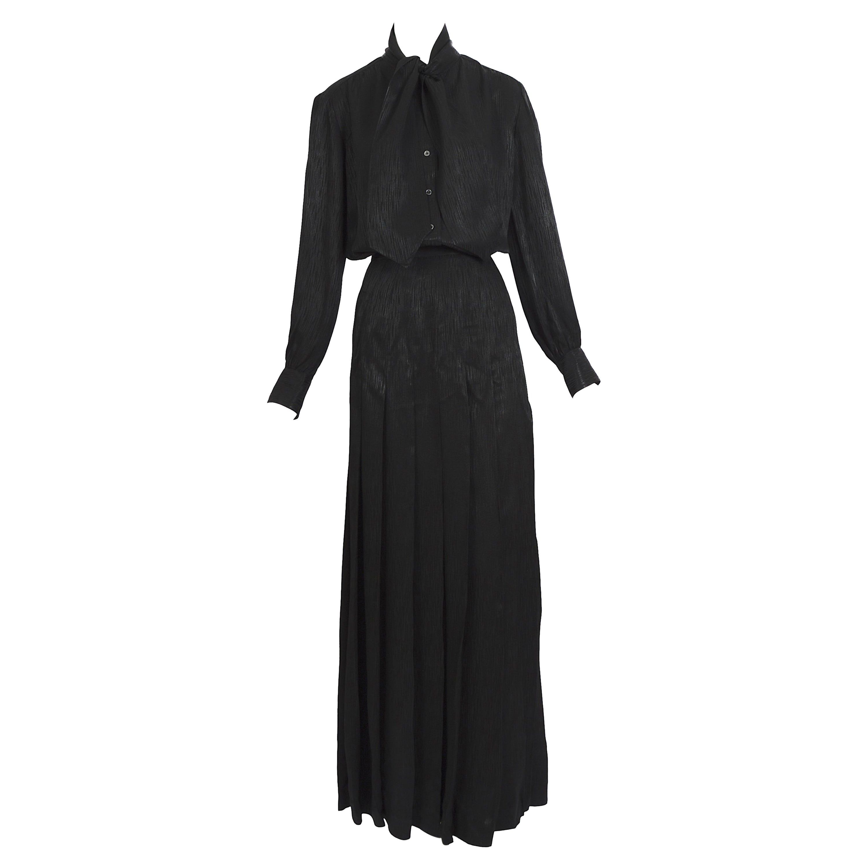 Vintage 1970s Yves Saint Laurent black scarf blouse and maxi pleated skirt set For Sale