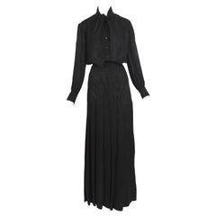 Vintage 1970s Yves Saint Laurent black scarf blouse and maxi pleated skirt set