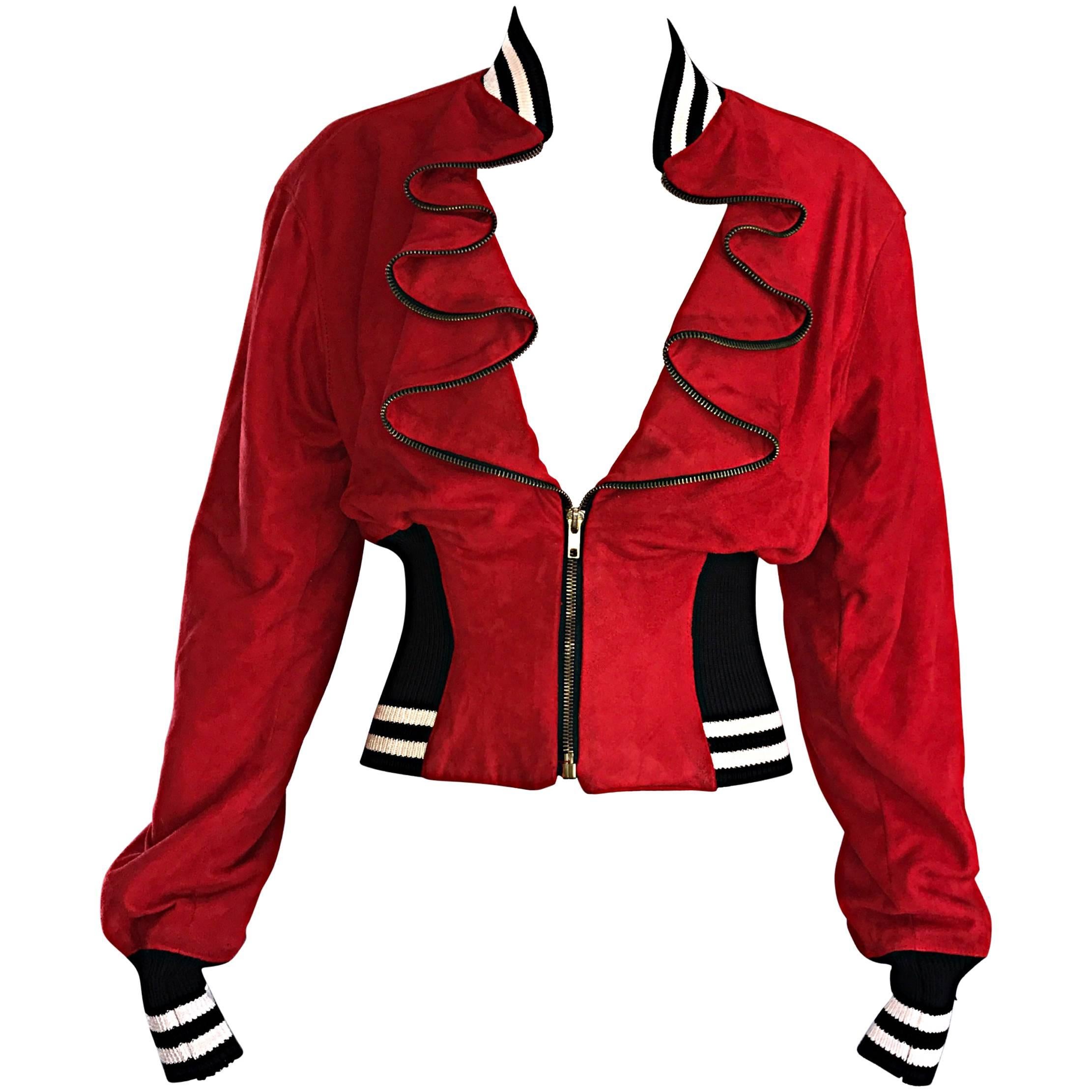 Rare Vintage Byron Lars 1990s Red Leather Suede Varsity 90s ' Zipper ' Jacket