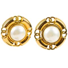 Vintage Chanel Gold Tone Cream Faux Pearl Cut Out 'CC' Clip On Earrings