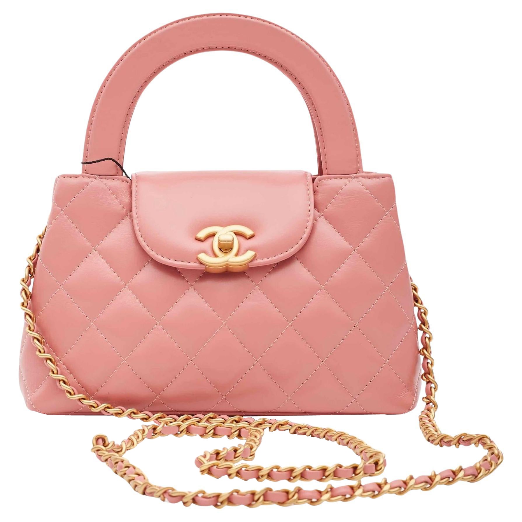 Chanel Shiny Aged Calfskin Coral Pink Mini Kelly Shopping Bag 2023 For Sale