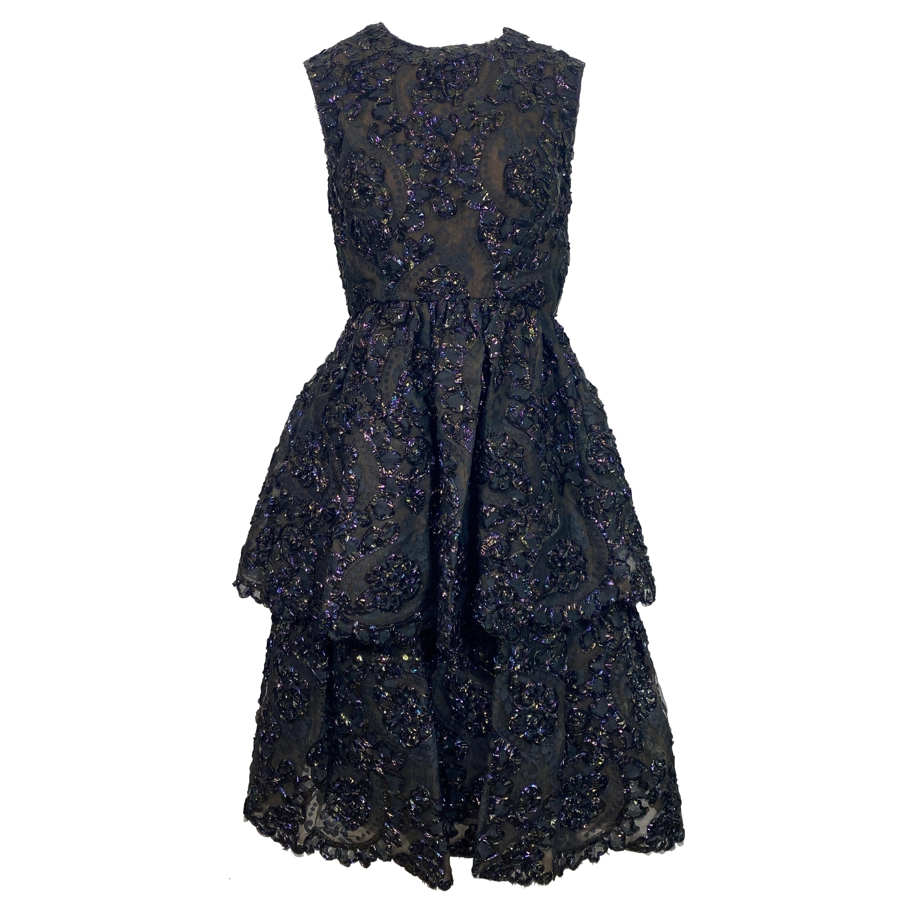 Sarmi 1960's Cellophane Encrusted Black Lace Sleeveless Cocktail Dress-Size 4 For Sale