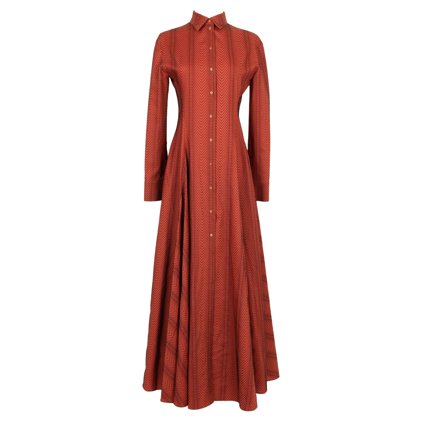 Alaïa - Robe longue évasée en laine Brown/Orange à pois noirs en vente