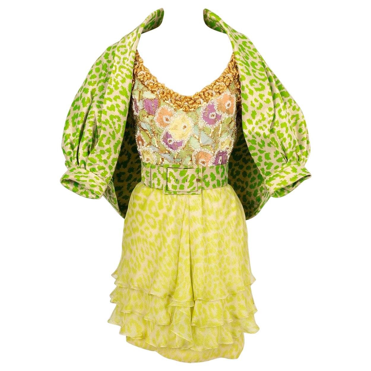 Valentino Set Couture Dress in Green-Tone Silk, 1990s For Sale