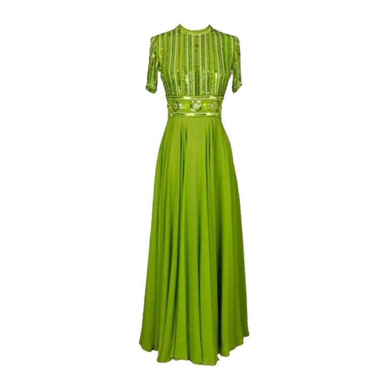 Carven Green Silk Crepe Dress Embroidered with Costume Pearls and Sequins For Sale