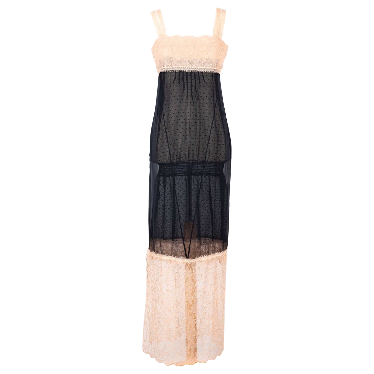 Chanel Babydoll-Style Dress in Black Silk Muslin and Beige Lace, 1990s For Sale