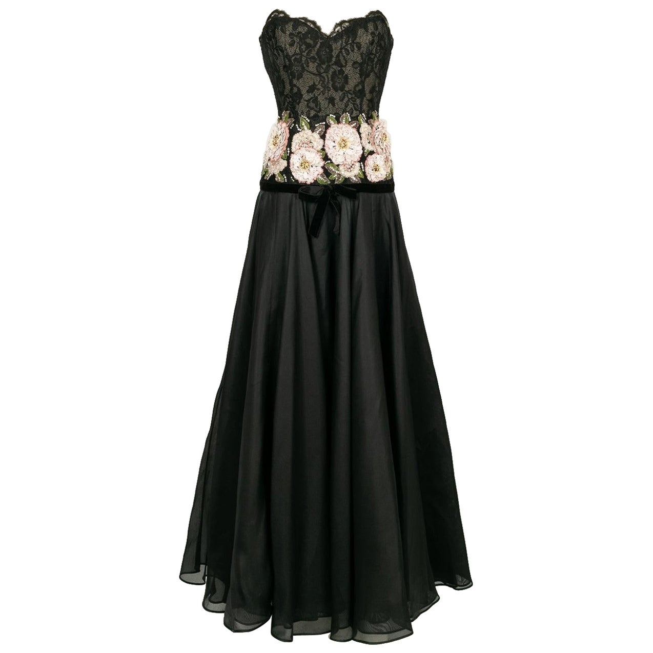 Valentino Bustier Dress in Black Silk and Taffeta Embroidered Flowers
