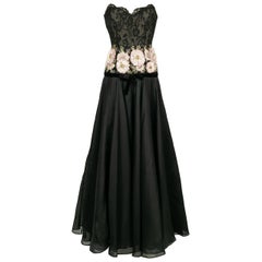 Valentino Bustier Dress in Black Silk and Taffeta Embroidered Flowers