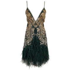 Cavalli Green Silk Dress Embroidered with Pearls and Feathers