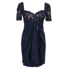 Vintage Loris Azzaro Midnight Blue Evening Dress in Taffeta, Lace and Sequins