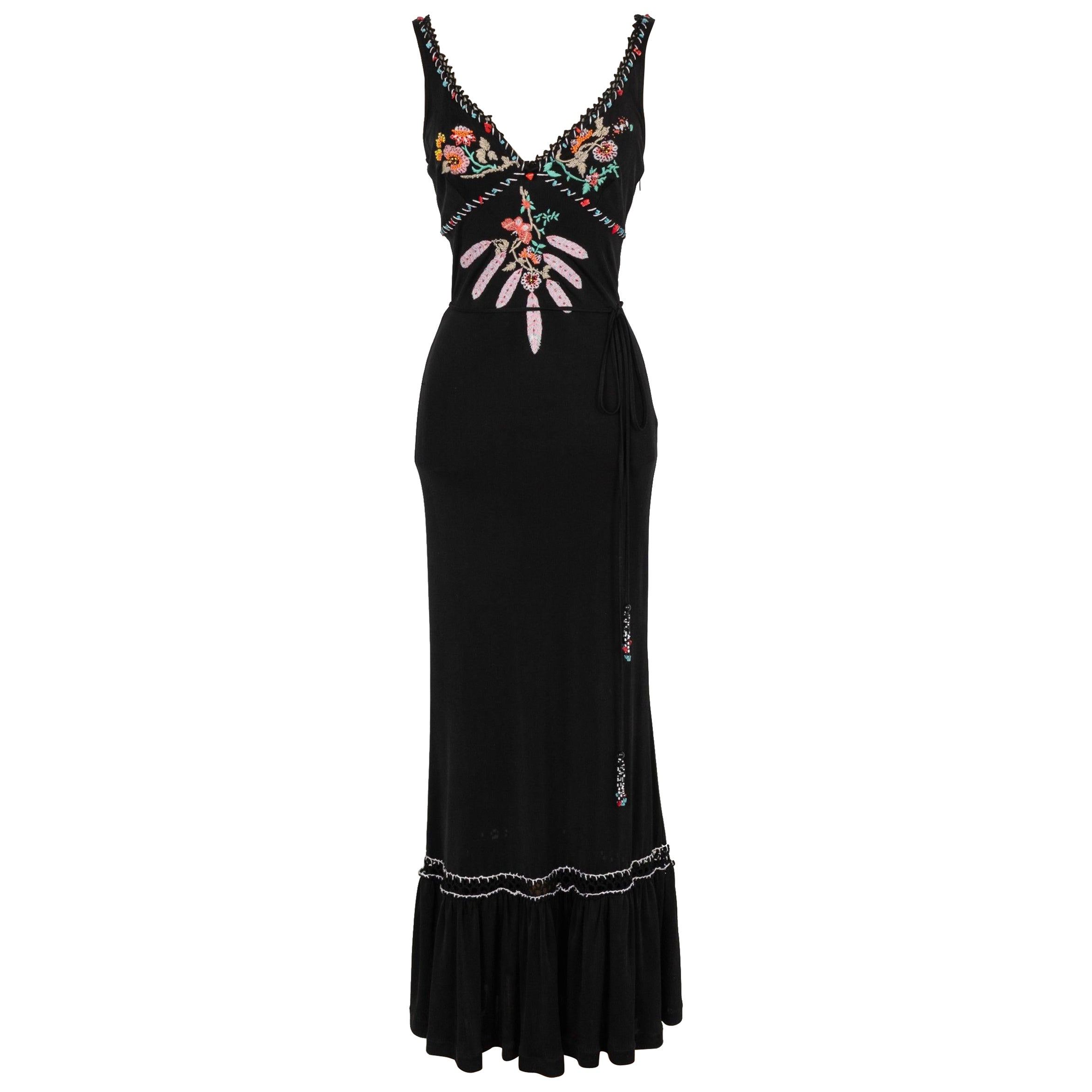 Cavalli Black Jersey Long Dress Embroidered with Yarns and Pearls