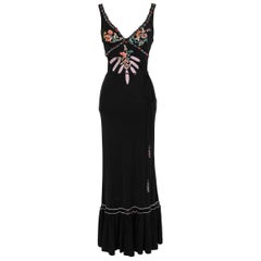 Cavalli Black Jersey Long Dress Embroidered with Yarns and Pearls