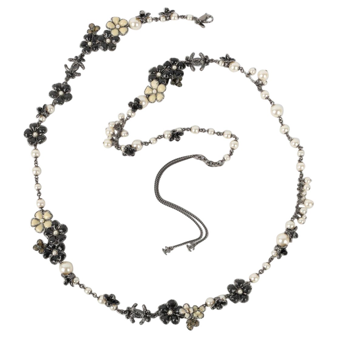 Chanel Silvery Metal Flower Necklace with Costume Pearls and Resin, 2012 For Sale