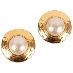 Yves Saint Laurent Golden Metal Circular Earrings with Pearly Cabochons