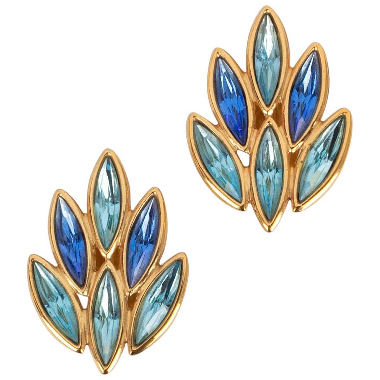 Yves Saint Laurent Golden Metal Clip-On Earrings with Blue Rhinestones For Sale