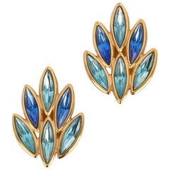 Vintage Yves Saint Laurent Golden Metal Clip-On Earrings with Blue Rhinestones