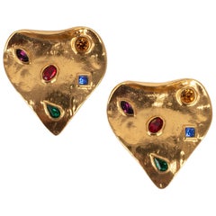 Yves Saint Laurent Golden Metal Clip-On Earrings with Rhinestones