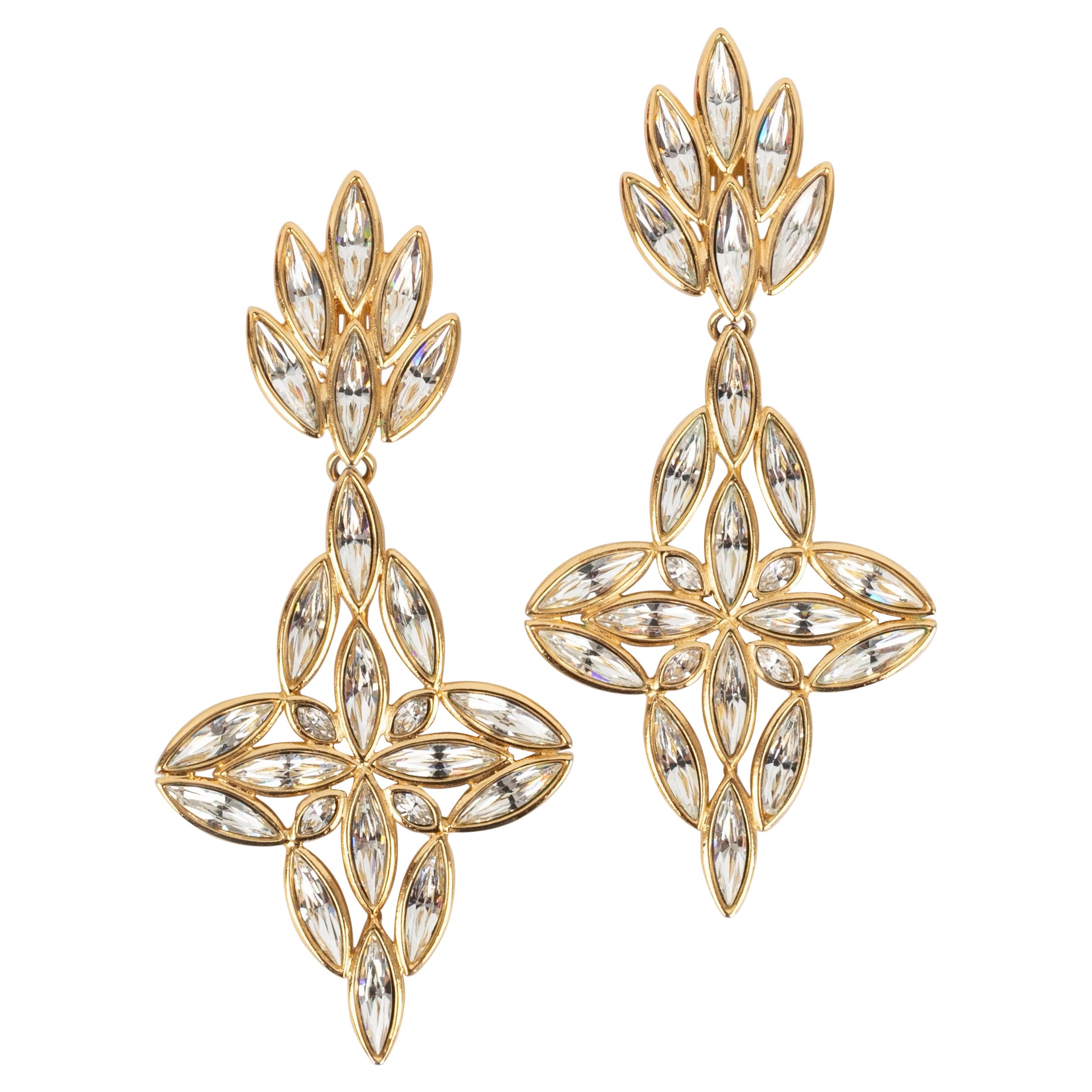 Yves Saint Laurent Golden Metal Earrings with Rhinestones For Sale