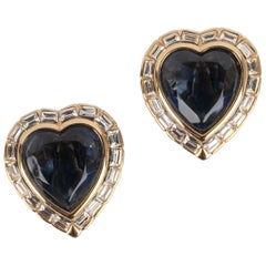Nina Ricci Golden Metal Earrings Ornamented with Blue Heart-Shaped Rhinestones