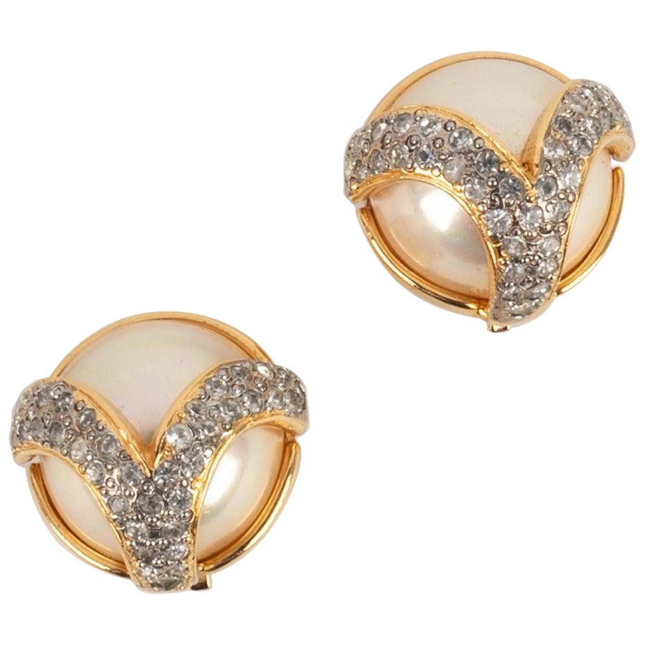 Valentino Golden Metal Clip-On Earrings with Rhinestones and Pearly Cabochons For Sale