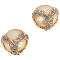 Vintage Valentino Golden Metal Clip-On Earrings with Rhinestones and Pearly Cabochons