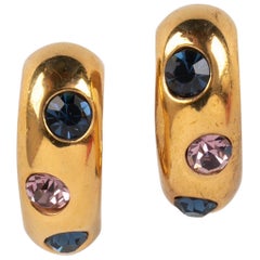 Valentino Golden Metal Clip-On Earrings Ornamented with Three Rhinestones