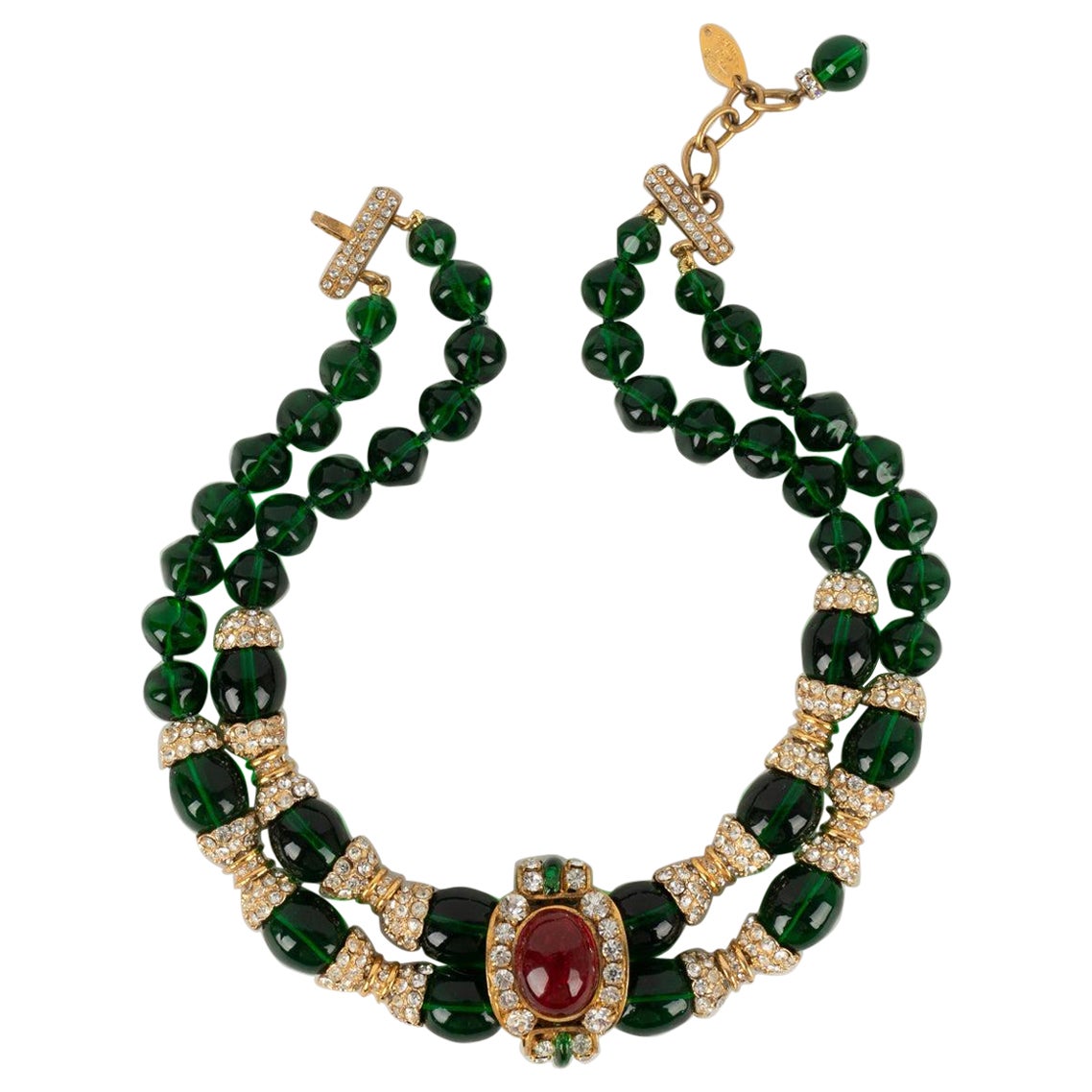 Chanel Golden Metal Choker with Green Glass Pearls, 1983