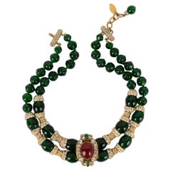 Vintage Chanel Golden Metal Choker with Green Glass Pearls, 1983