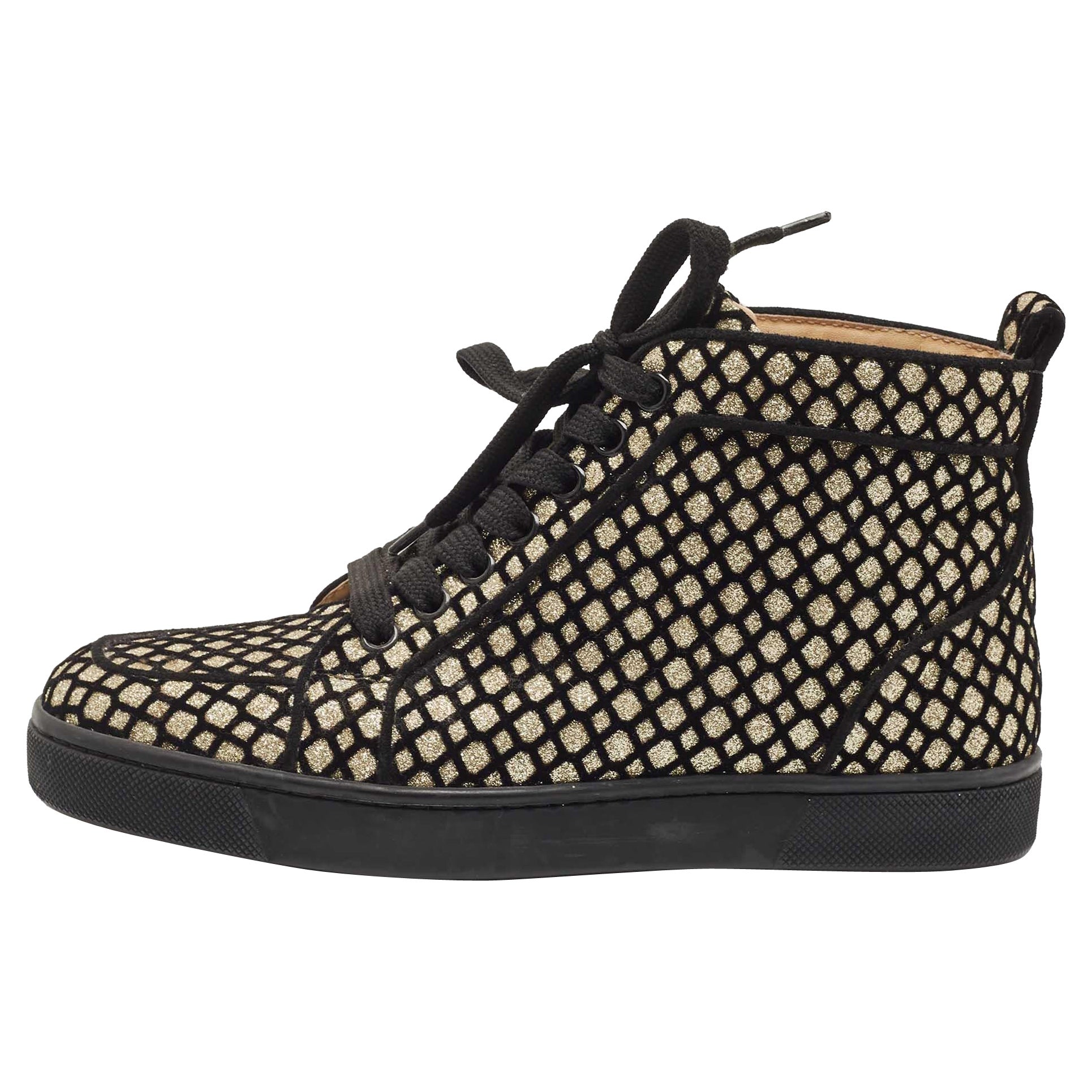 Christian Louboutin Black/Gold Mesh and Glitter Rantus Orlato Sneakers Size 35.5 For Sale