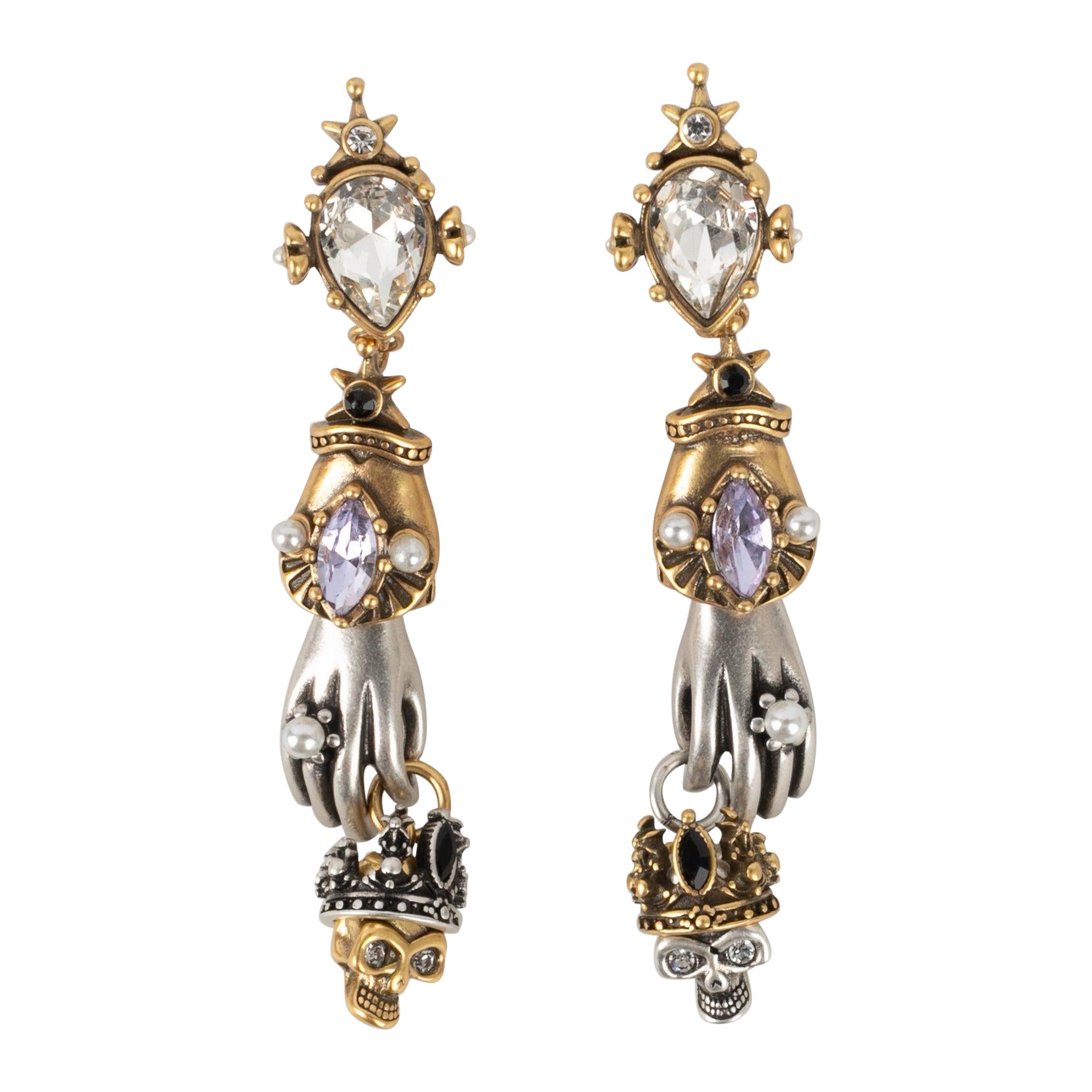 Alexander Mc Queen Golden and Silvery Metal Earrings Ornamented with Rhinestones