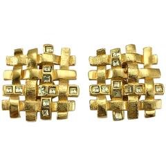 Yves Saint Laurent 'Woven' Gilt Earrings With Pale Green Rhinestones - 1980's