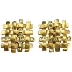Yves Saint Laurent 'Woven' Gilt Earrings With Pale Green Rhinestones - 1980's 10
